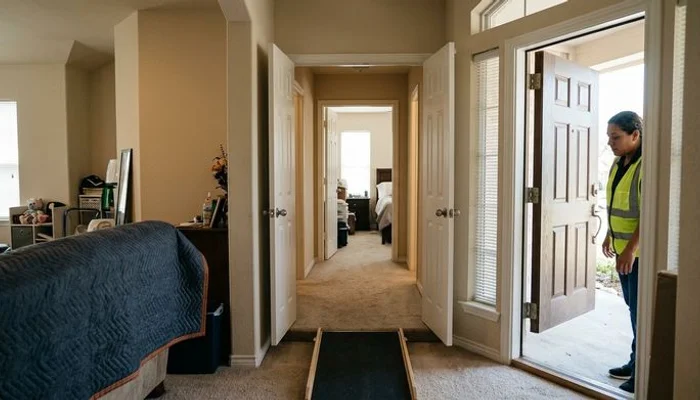 Clear delivery path from front door through hallway to bedroom with doors open for hospital bed delivery