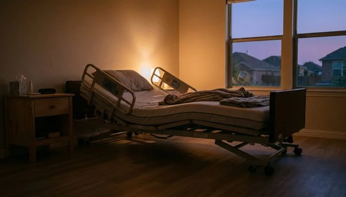 Hospital bed in low-height position near the floor for elderly fall prevention