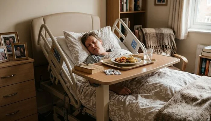 Overbed table positioned over hospital bed with meal tray and personal items in home bedroom