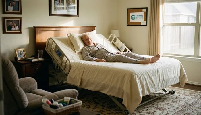 Patient comfortably positioned on wide bariatric hospital bed with ample room on either side