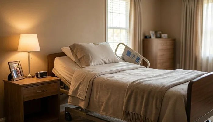 Comfortable home bedroom with hospital bed properly set up, nightstand, and warm lighting