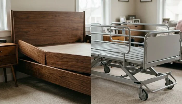 Side by side view of stylish adjustable bed and medical hospital bed in home bedrooms