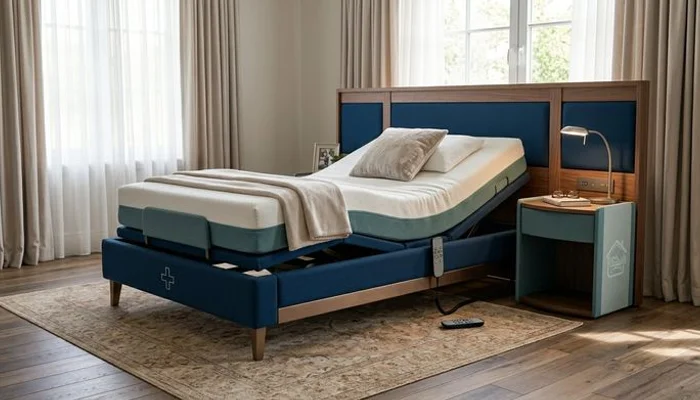 Stylish adjustable bed for seniors in a warm home bedroom with nightstand and personal touches