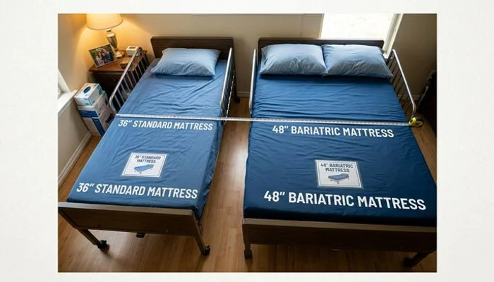 Top-down view comparing 36-inch standard hospital bed mattress width to 48-inch bariatric mattress width